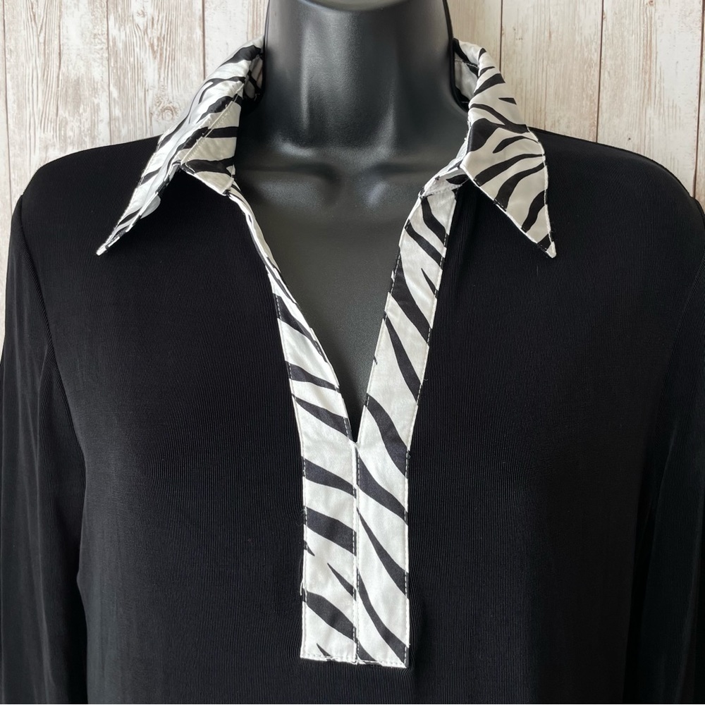 Kiara Collared Blouse Black White Zebra Print Trim Stretch 90s Y2K Size M - Picture 2 of 10